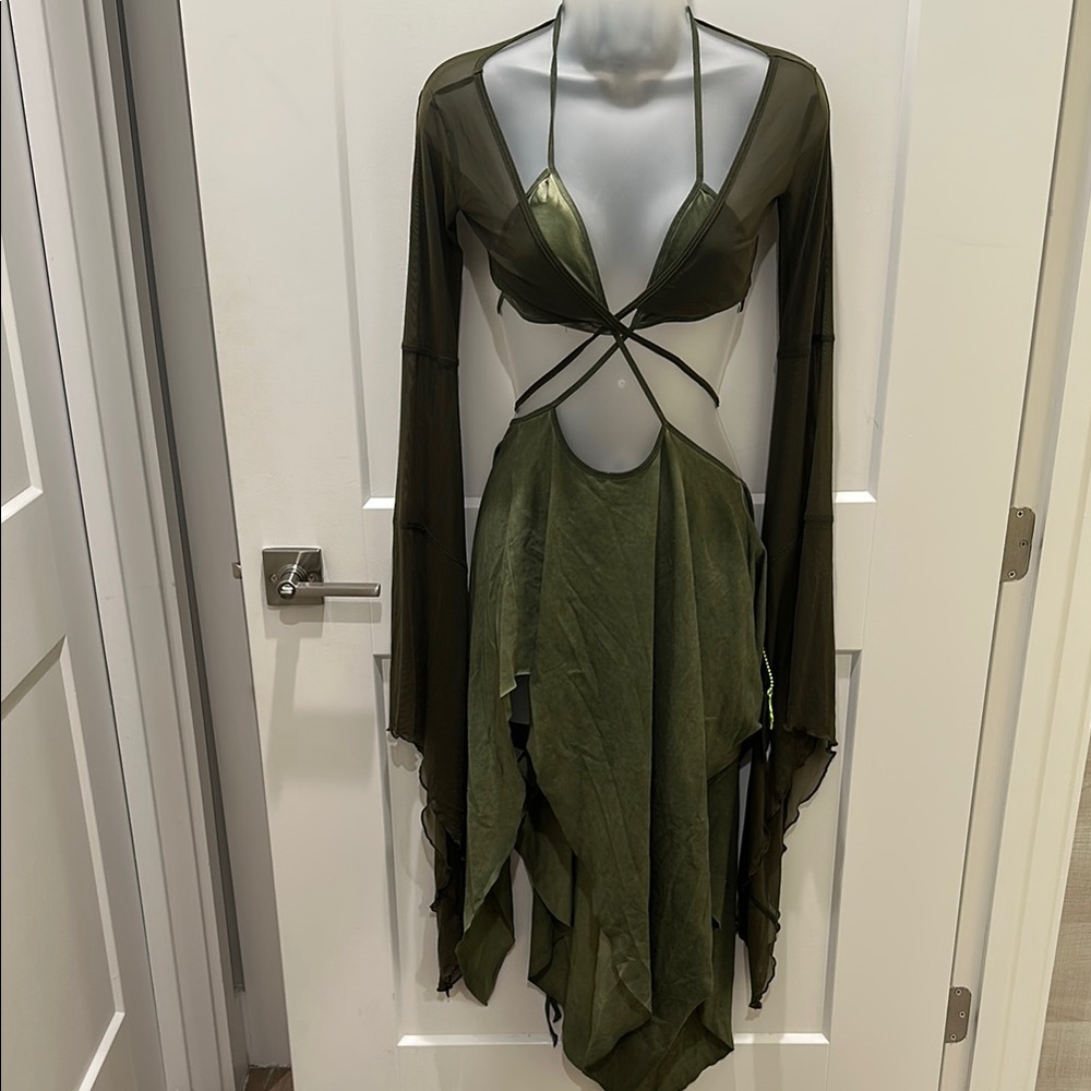 Darker Wavs ECHO ASYMMETRICAL MESH WRAP DRESS - GREEN
